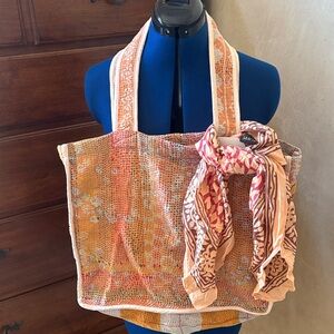 New Listing Boho Orange Patchwork Tote Bag with Scarf.